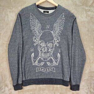 Zara Man Sweatshirt Skull Graphic Crewneck Mens Size L Sweater Long Sleeve Gray